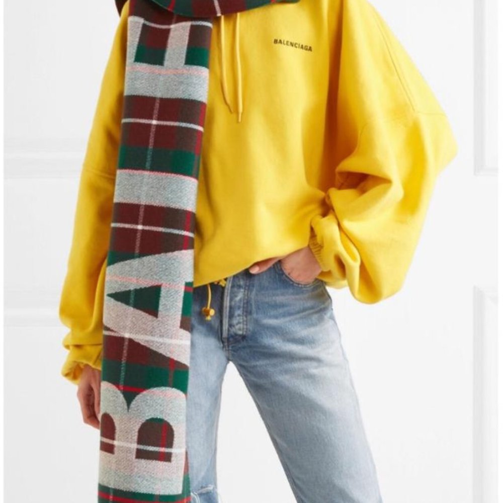 Balenciaga Logo Tartan Plaid Fringe Wool Scarf